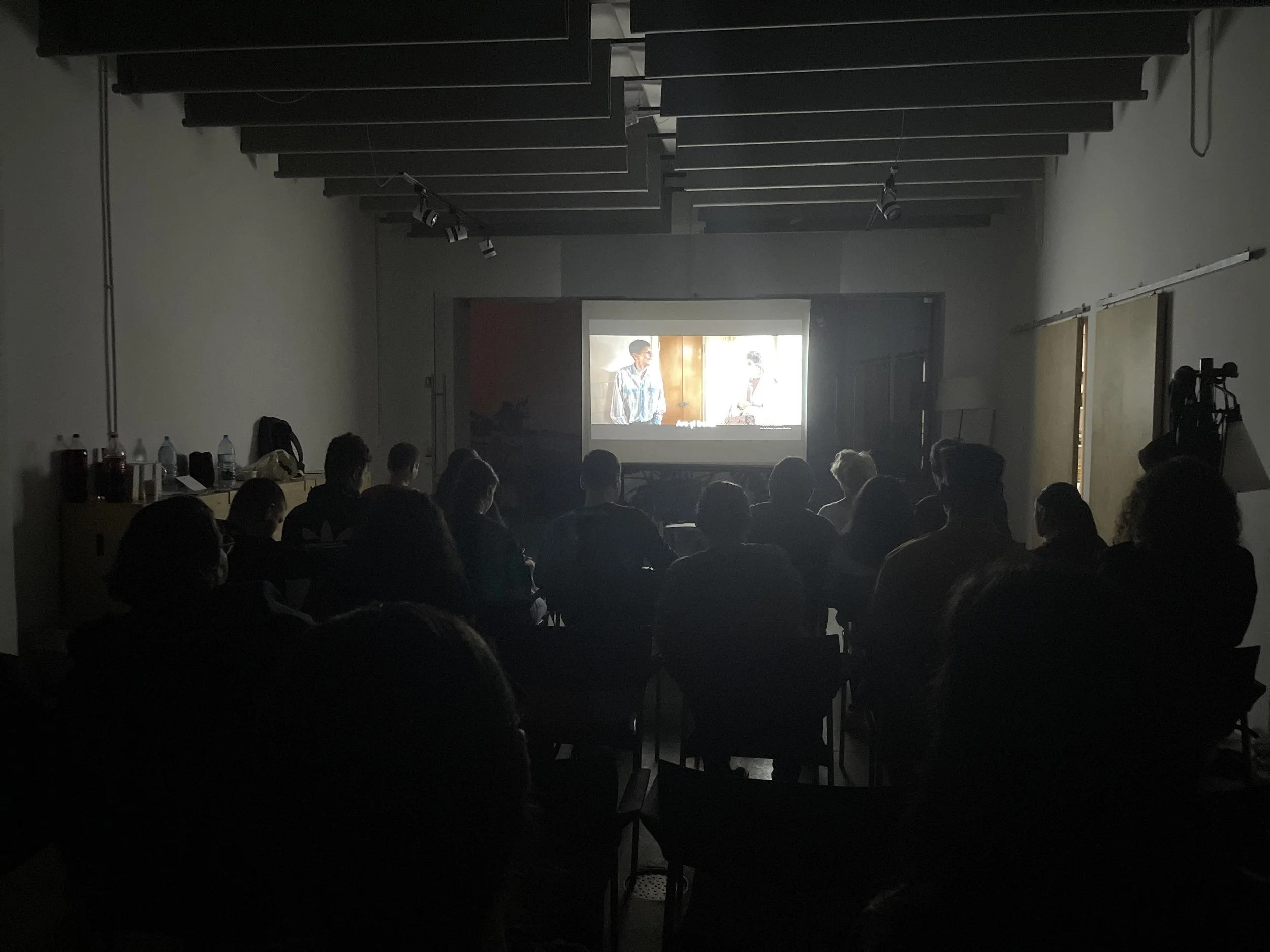 Poză din timpul serii de film de La Firul Ierbii. Poza este făcută din spatele sălii - vedem un public numeros și un ecran pe care se proiectează filmul